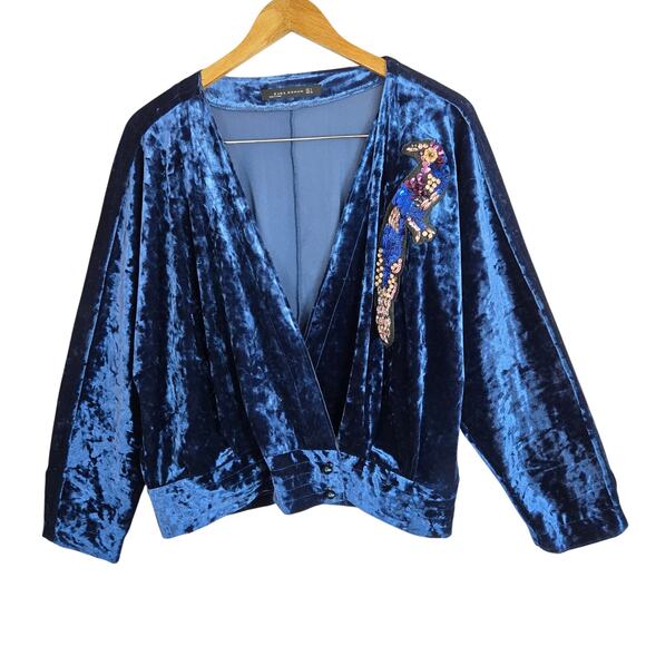 Size L – Zara Woman Velvet Deep-V Cardigan with Sequin Parrot Patch - Picture 1 of 5